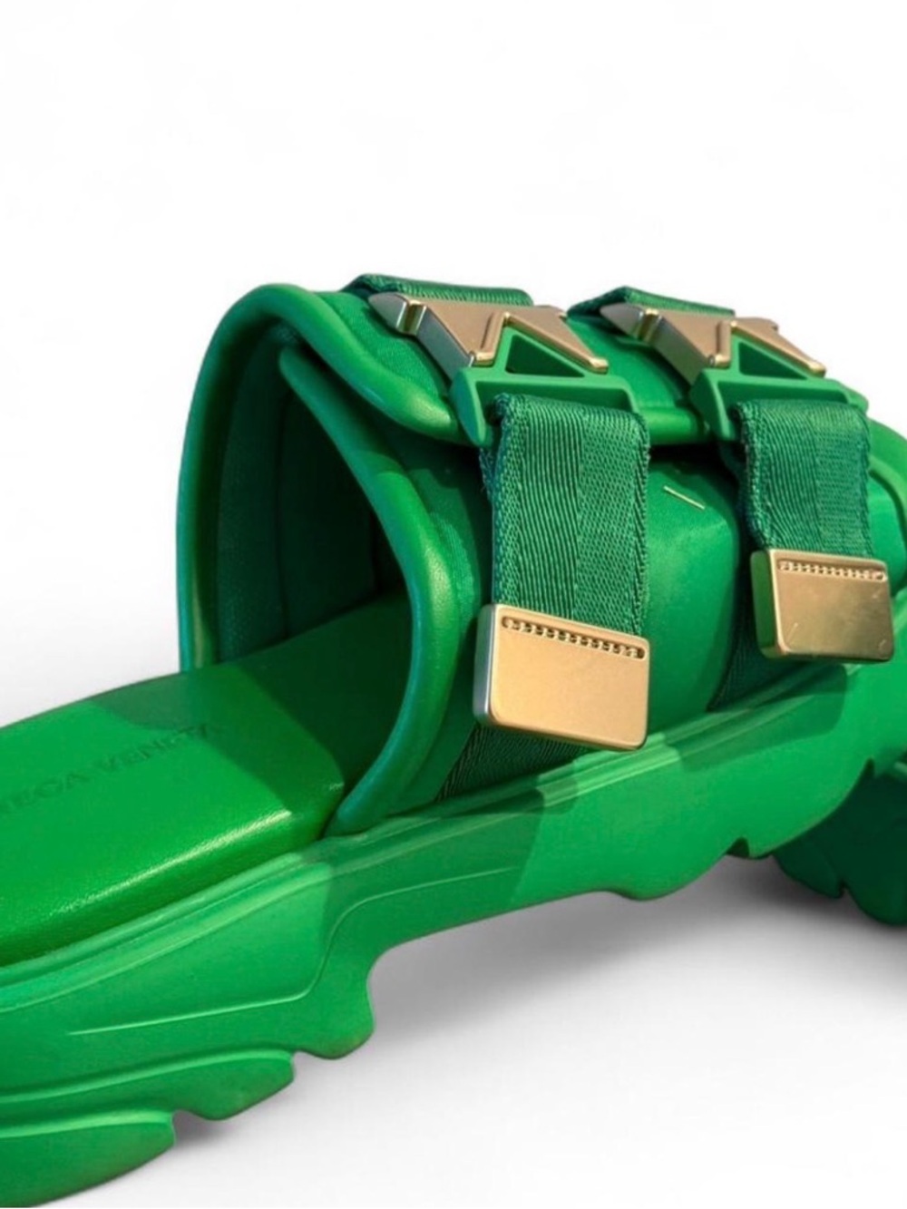 Bottega Veneta Green Chunky Sandal with Gold Buckles size 9